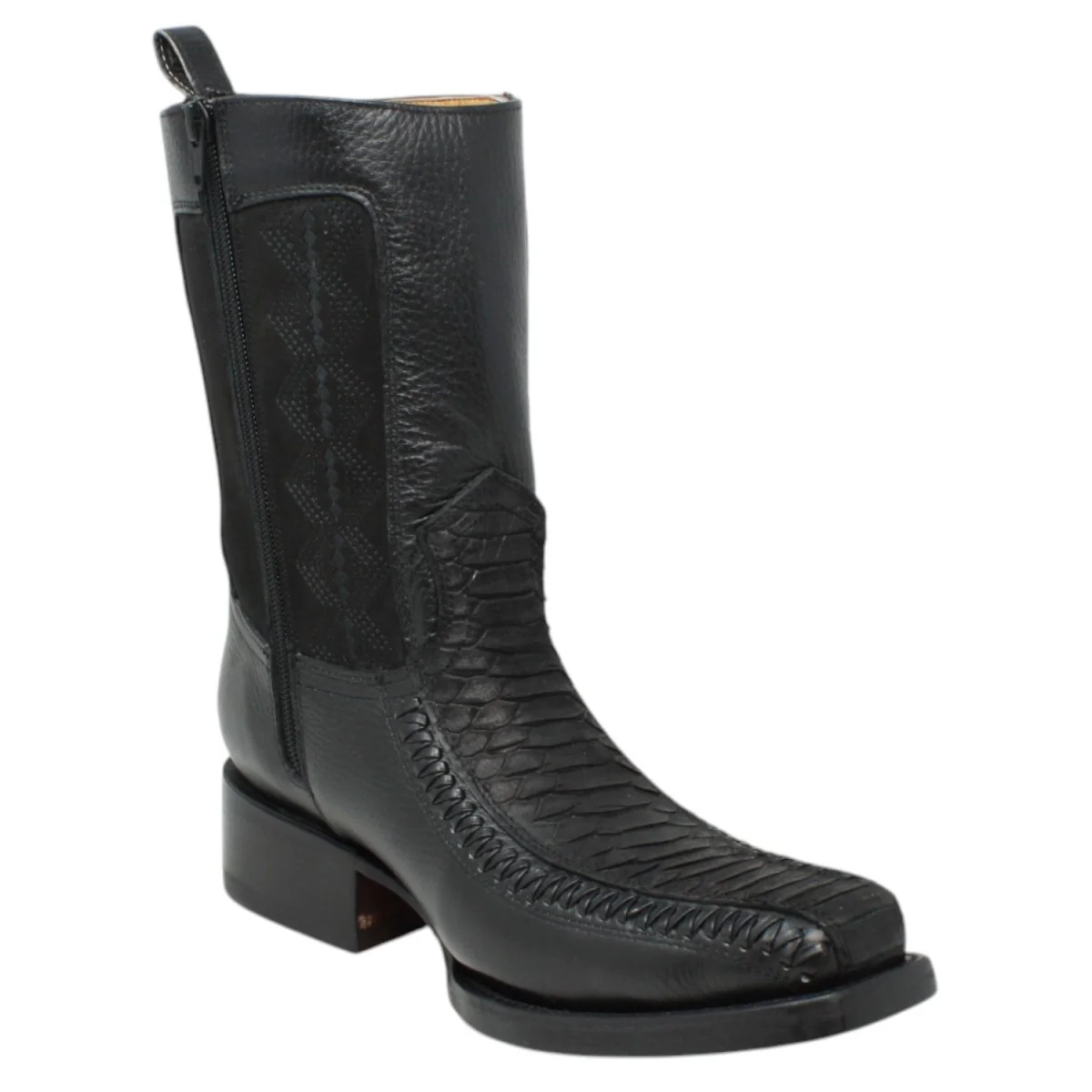 Botas de Piel Punta Cuadrada Piton Grabado Nobuck Color Cafe con Cierre - LC260Negro - Imagen 5