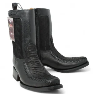 Botas de Piel Punta Cuadrada Piton Grabado Nobuck Color Cafe con Cierre - LC260Negro