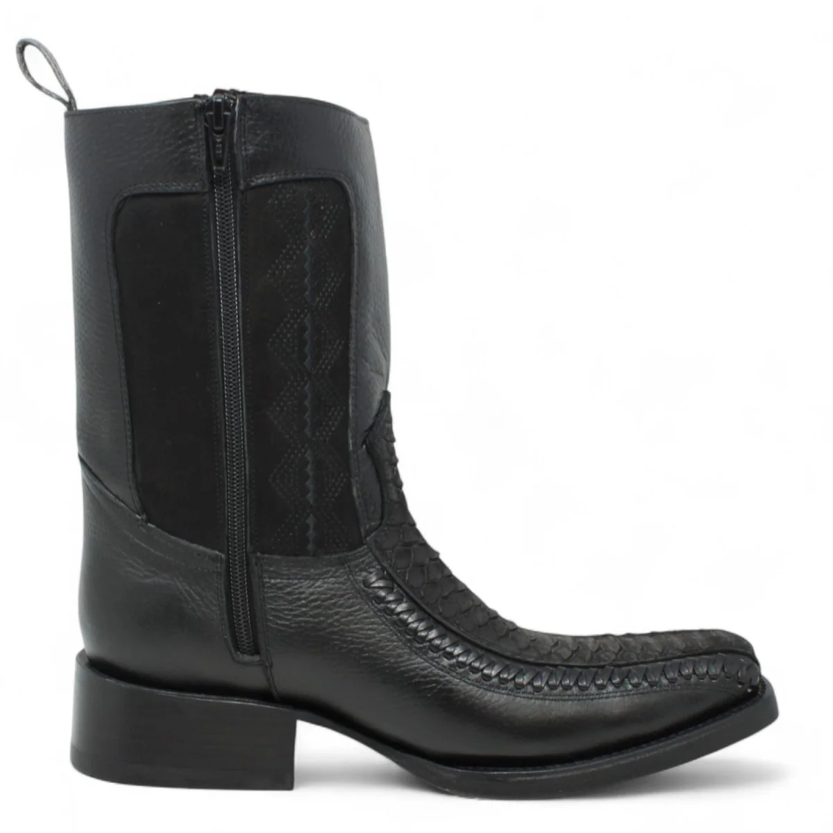 Botas de Piel Punta Cuadrada Piton Grabado Nobuck Color Cafe con Cierre - LC260Negro - Imagen 3