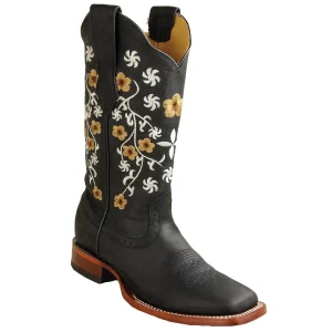 Botas Rodeo de Piel Original Punta Amplia Cuadrada para Dama Color Negro - Los Altos Boots