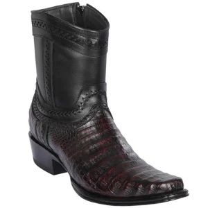 Botas Cortas de Cocodrilo Caiman Panza Original Punta Europea Color Negro Rojizo- Los Altos Boots