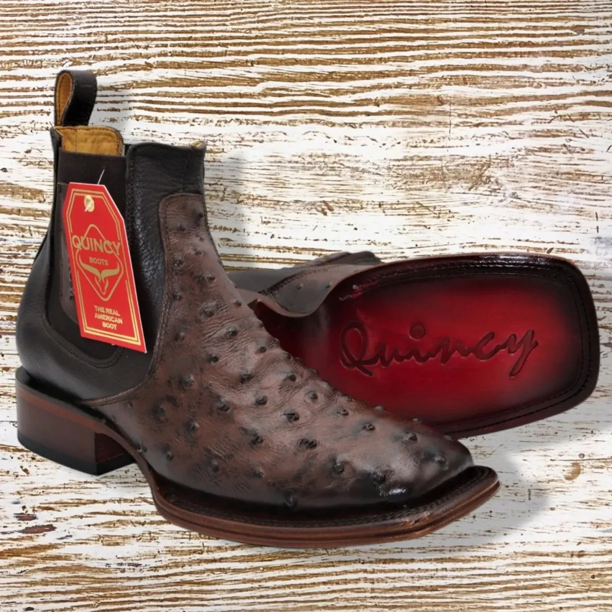 Botin de Avestruz Grabado con Punta Cuadrada Q82B0394 - Imagen 5