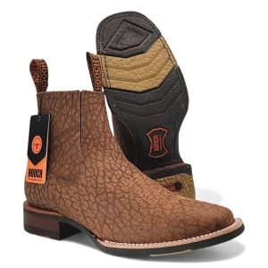Botin Vaquero para Hombre de Piel Cuello de Toro Color Tan con Punta Cuadrada y Suela de Hule – Hooch Boots H42H3172
