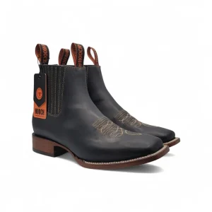 Botin Vaquero para Hombre de Piel Grasso Color Negro con Punta Cuadrada y Suela de Cuero – Hooch Boots H42P2205