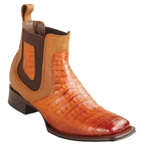 Botines de Cocodrilo Caiman Panza Original Punta Cuadrada Ancha Color Cognac Difuminado - Los Altos Boots