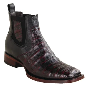 Botines de Cocodrilo Caiman Panza Original Punta Cuadrada Ancha Color Negro Rojizo - Los Altos Boots