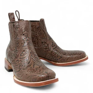 Botines de Cuero Cincelado Punta Cuadrada Color Cafe Hombre -Tanner Mark Boots