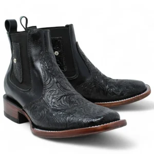 Botines de Cuero Cincelado Punta Cuadrada para Mujer Color Negro