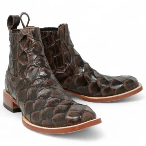 Botines de Cuero Pirarucu Grabado Punta Cuadrada Color Cafe Hombre -Tanner Mark Boots