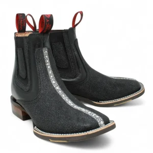 Botines de Mantarraya Perla Completa Grabado con Punta Cuadrada Color Negro- Quincy