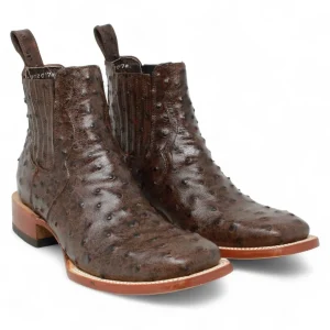 Botines Hombre de Cuero Grabado Avestruz Punta Cuadrada Color Cafe-Tanner Mark Boots