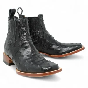 Botines Hombre de Cuero Grabado Avestruz Punta Cuadrada Color Negro-Tanner Mark Boots