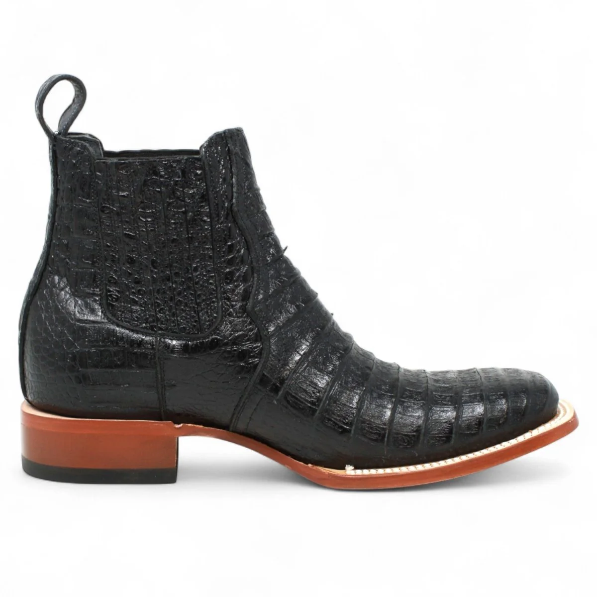 Botines Hombre de Cuero Grabado Caiman Panza Punta Cuadrada Color Negro-Tanner Mark Boots - Imagen 5