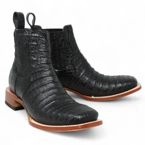 Botines Hombre de Cuero Grabado Caiman Panza Punta Cuadrada Color Negro-Tanner Mark Boots