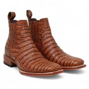 Botines Hombre de Cuero Grabado Caiman Panza Punta Cuadrada Color Cognac-Tanner Mark Boots