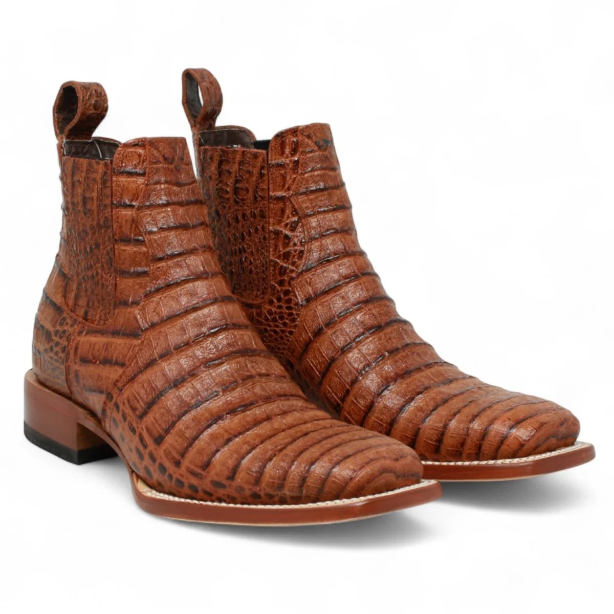 Botines Hombre de Cuero Grabado Caiman Panza Punta Cuadrada Color Cognac-Tanner Mark Boots