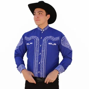 Camisa Charra Bordada Color Azul Rey AW-1009A