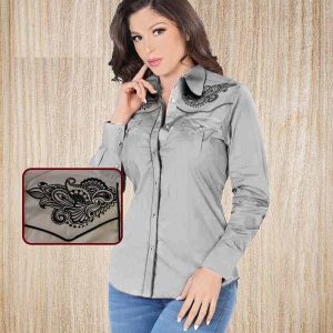 Camisa Vaquera Bordada para Mujer Color Gris LAM-2316GRIS