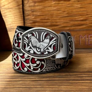 Cinto de Cuero Gallo Blanco con Rojo con Hebilla de Metal #10
