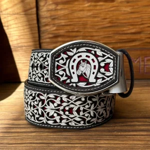 Cinto de Cuero Herradura Blanco con Rojo con Hebilla de Metal #7