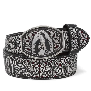 Cinto de Cuero Original Color Plata Corte Laser de la Virgen de Guadalupe Hebilla de Metal