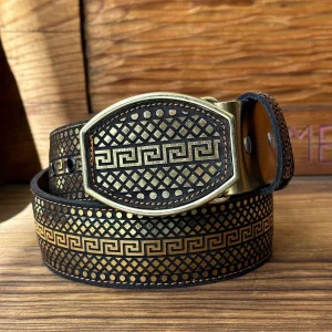 Cinto de Cuero Original de Grecas Color Oro con Hebilla de Metal #5