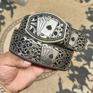 Cinto de Cuero Pokar de Ases con Hebilla de Metal - Plata