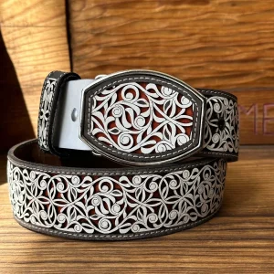 Cinto de Cuero Ramas Blanco con Rojo con Hebilla de Metal #8