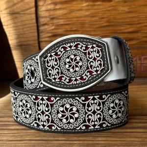 Cinto de Cuero Ramas y Grecas Blanco con Hebilla de Metal #1