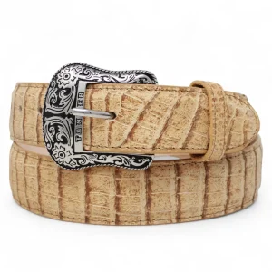 Cinturon de Piel Genuina con Estampado de Caiman Panza Hebilla Metálica Texas Arena
