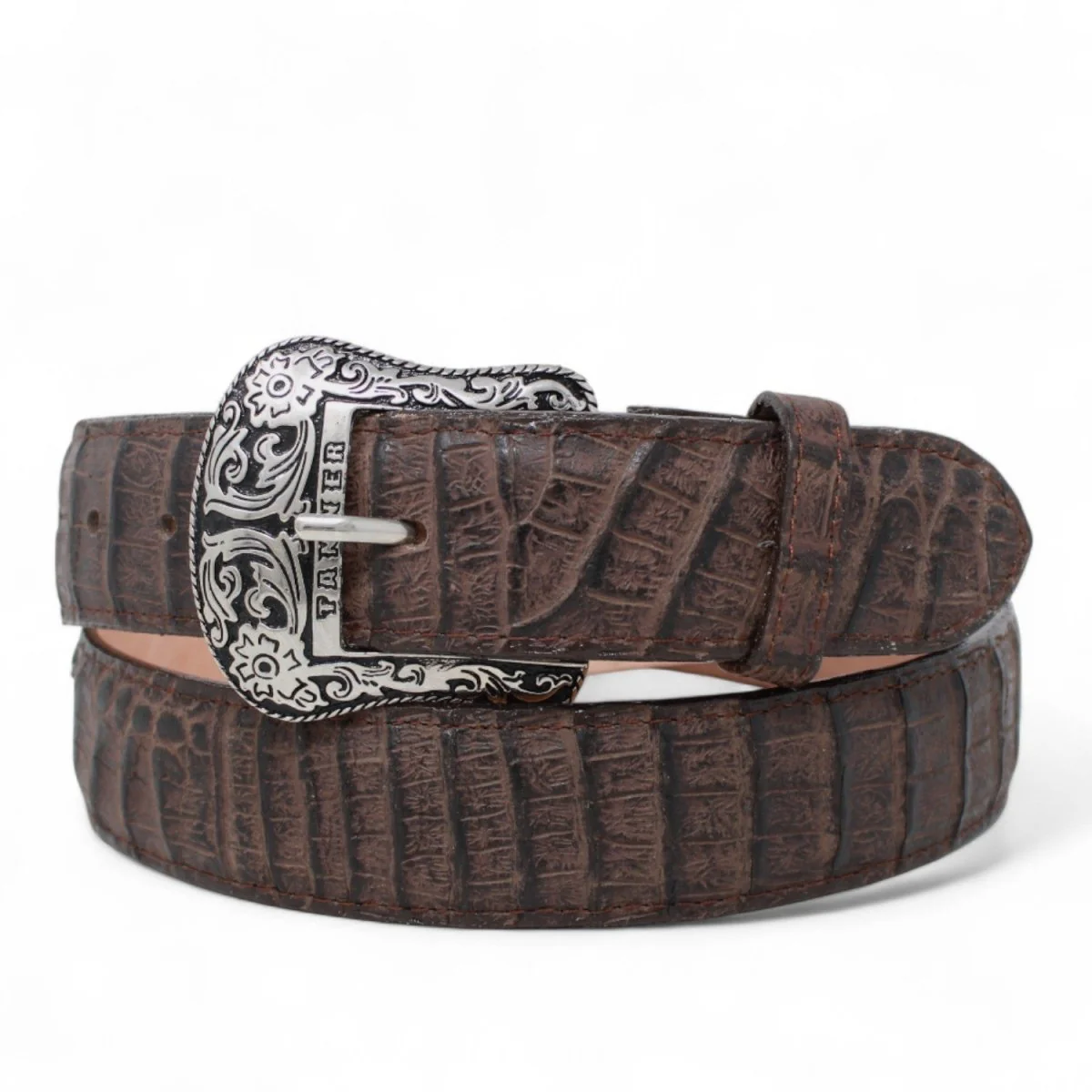 Cinturon de Piel Genuina con Estampado de Caiman Panza Hebilla Metálica Texas Cafe