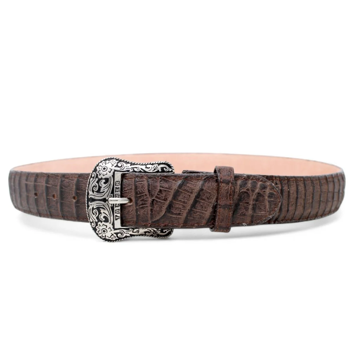 Cinturon de Piel Genuina con Estampado de Caiman Panza Hebilla Metálica Texas Cafe - Imagen 3