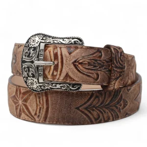 Cinturon de Piel Genuina con Estampado de Cincelada con Estrella y Hebilla Metálica Texas