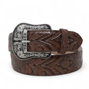 Cinturon de Piel Genuina con Estampado de Cincelado Floral y Hebilla Metálica Texas- Cafe