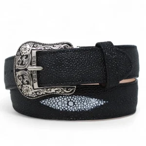 Cinturon de Piel Genuina con Estampado de Mantarraya y Hebilla Metálica Texas