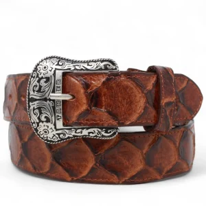 Cinturón de Piel Genuina con Estampado de Pirarucu y Hebilla Metálica Texas Cognac