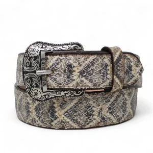 Cinturon de Piel Genuina con Estampado de Serpiente de Cascabel y Hebilla Metálica Texas