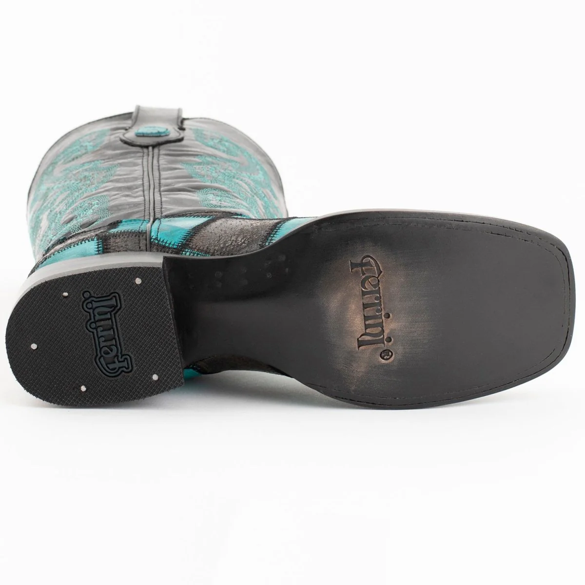 Ferrini Men's Patchwork Square Toe Boots Handcrafted - Black/Teal 1139350 - Imagen 7