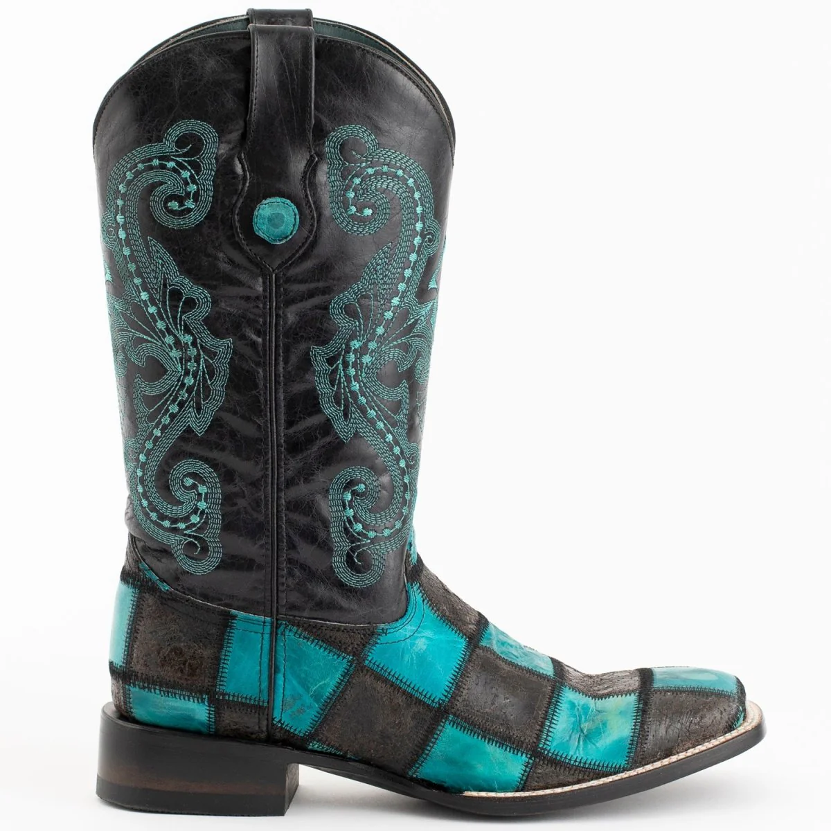 Ferrini Men's Patchwork Square Toe Boots Handcrafted - Black/Teal 1139350 - Imagen 3