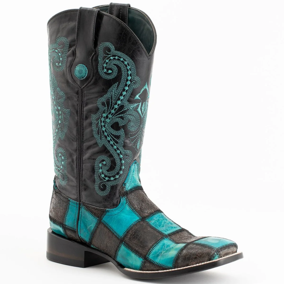 Ferrini Men's Patchwork Square Toe Boots Handcrafted - Black/Teal 1139350 - Imagen 2