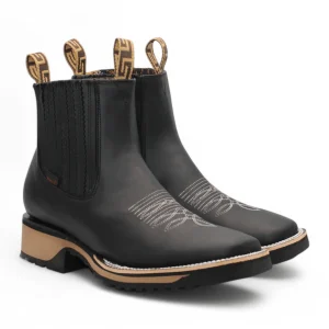 Genuine Leather Square Toe Ankle Boots with Rubber Sole - Black