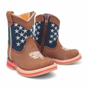 Kid's American Flag Genuine Leather Square Toe Boots - Brown