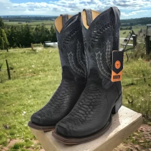 Men's Python Print Dubai Toe Leather Boots - Black