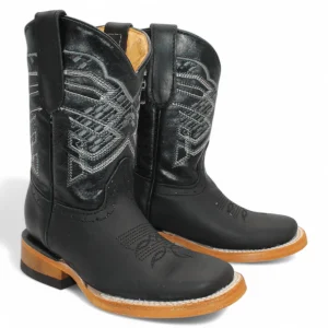 Kid's Genuine Leather Square Toe Boots - Black