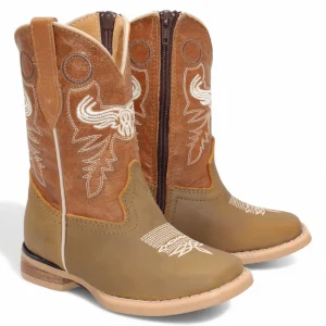 Kid's Genuine Suede Leather Square Toe Boots - Tan