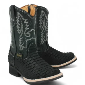 Kid's Python Print Genuine Leather Square Toe Boots