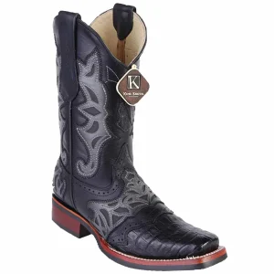 King Exotic Men's Caiman Belly Square Toe Boots with Saddle - Black 48118205