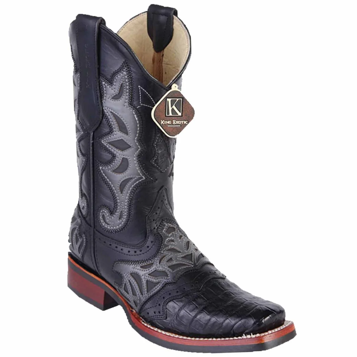 King Exotic Men's Caiman Belly Square Toe Boots with Saddle - Black 48118205