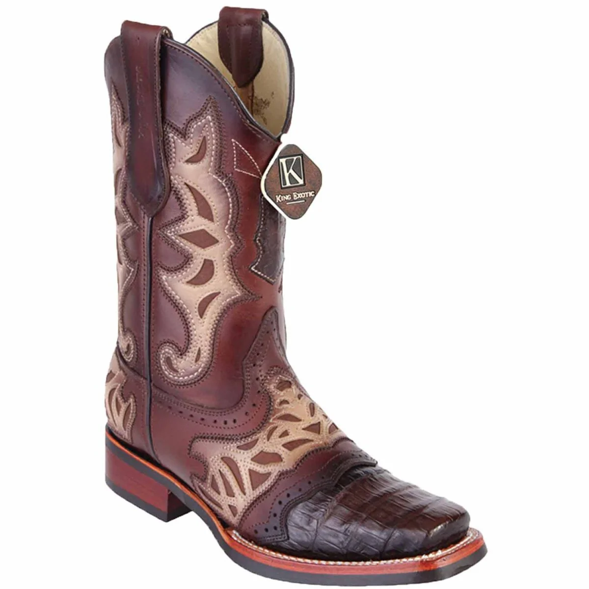 King Exotic Men's Caiman Belly Square Toe Boots with Saddle - Brown 48118207