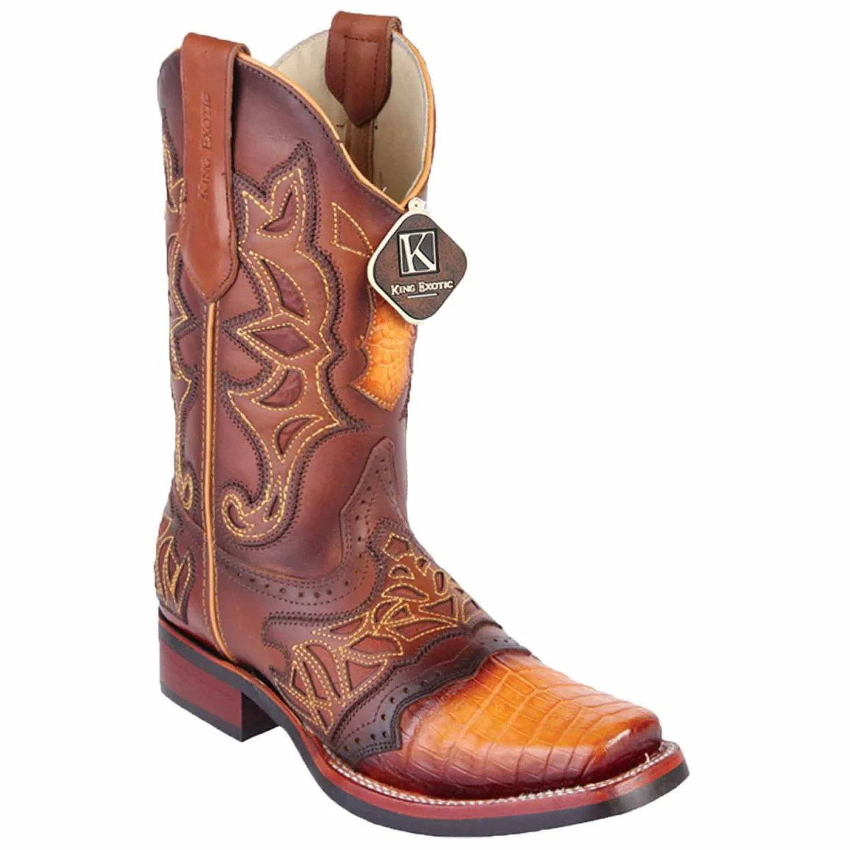 King Exotic Men's Caiman Belly Square Toe Boots with Saddle - Buttercup 48118202 - Imagen 2